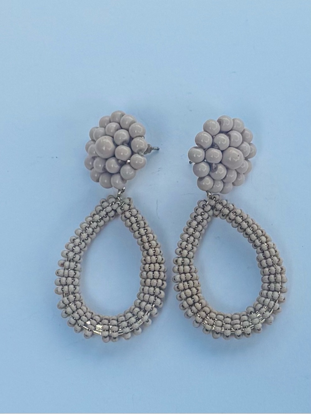 Taupe Beaded Teardrop Statement Earrings